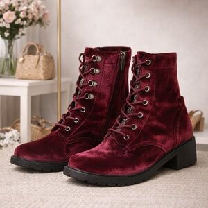Velvet Lace-Up Ankle Boots - Burgundy